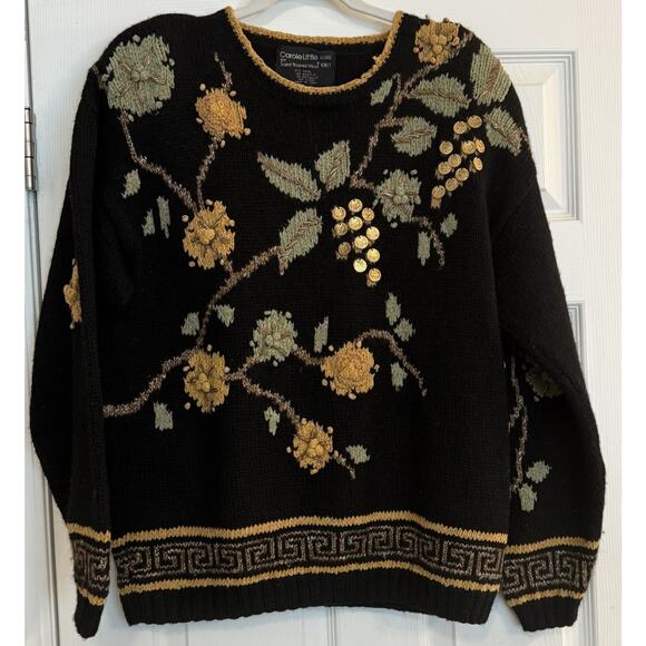 Carole Little Sweaters - VTG Carole Little Sweater Sz LG Black Wool Blend Gold Coins Embroidered Metallic